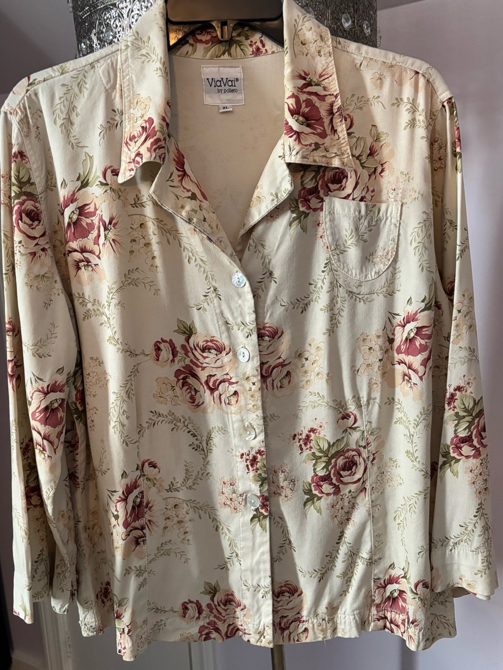 VTG Via Vai by Pollero Floral Blouse Top XL Cottagecore Rose Print